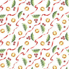 Watercolor holly leaves with berries, red ribbons and round bells seamless pattern for Christmas designs. Hand-drawn illustration for winter holiday decor. Festive background for textile, wallpaper.