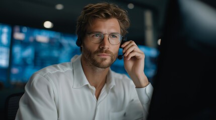 911 emergency call center with advanced AI voice recognition assisting dispatch operators — futuristic operations room illuminated by digital displays where AI voice assistants transcribe and