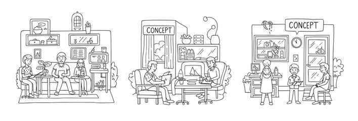 Naklejka premium Collection of hand drawn business scenes with people in a creative office. Doodle style sketches showing teamwork, client meetings and concept development for a modern startup