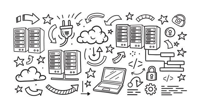 Hand drawn doodle collection of technology icons for web hosting and data centers. Cloud computing, network security and information technology concept for web development