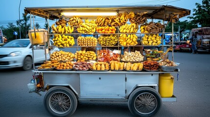 Vibrant outdoor banana and fruit stall on street with fresh yellow bananas mangoes pines and tropical produce in an open-air market setting