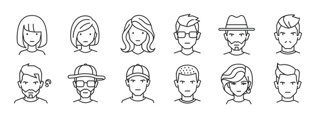 Fototapeta premium Collection of diverse people avatars in a minimalist outline style. Male and female character icons for user profiles, social media, and modern web interface design