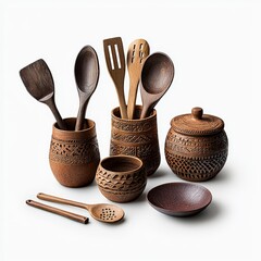 Traditional Handmade Wooden Kitchen Utensils and Containers Set with Carved Patterns for Cooking and Serving in Rustic Style