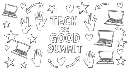 Tech for good summit lettering with doodle icons. Hand drawn banner with laptops, hands, and hearts for a technology conference or social impact event promotion