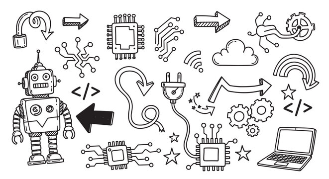 Hand drawn set of technology and robotics doodle icons for programming. Includes a robot, cpu microchips, laptop computer and coding symbols for software development concepts