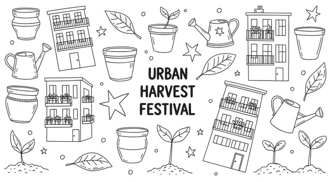 Urban harvest festival doodle set with city gardening elements. Hand drawn collection of apartment buildings, balcony plants, pots, and seedlings for a community event promotion - Powered by Adobe