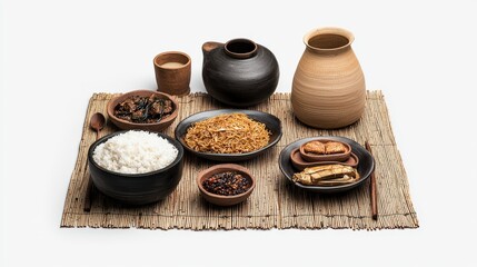 Traditional Asian Cuisine Arrangement with Black and Earth Toned Clay Pottery Bowls and Plates of Rice Noodles Vegetables and Sauces on a Bamboo Mat
