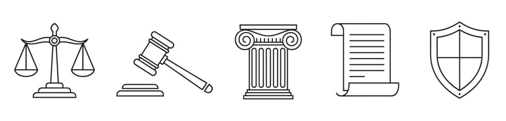 Fototapeta premium Law and justice icon set with classic legal symbols. Collection includes scales, gavel, courthouse column, document scroll and protection shield. Minimalist outline design elements