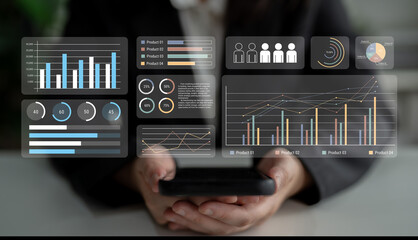 Fototapeta premium Modern dashboard interface showing performance metrics, data charts, and trend analysis for product tracking, reporting, and business intelligence. Parse
