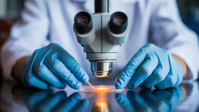 Scientist examines sample through powerful microscope in modern lab striving for innovative medical breakthroughs