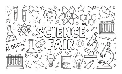 Science fair doodle set with chemistry and biology icons. Hand drawn educational banner with microscope, test tube, and atom symbols for a school project or experiment