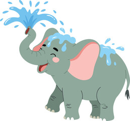 Cute cartoon elephant illustration, happy gray animal character, playful water splash art, children’s wildlife drawing, adorable jungle mascot, fun pet design