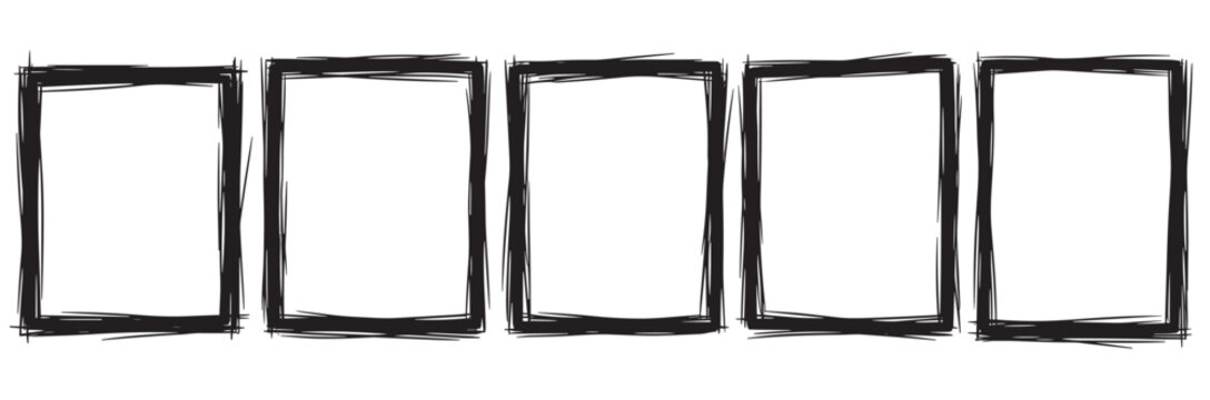 Hand drawn collection of five vertical rectangular frames with a rough sketch texture. Grunge doodle border elements for comic strip layouts or social media stories