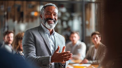 A smiling man in a gray suit gestures as he speaks to a diverse group of people seated around a table, conveying a positive and engaging atmosphere generative ai