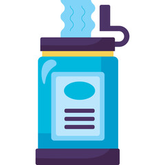 Illustration of a blue insulated water bottle with a purple lid and yellow accent showing steam rising from the opening against a transparent background
