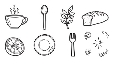Fototapeta na wymiar Collection of hand drawn breakfast food and kitchen utensil icons. Minimalist line art set with a coffee cup, bread, lemon, plate, fork and spoon for cafe menu design