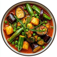 Colorful vegetable curry featu diced zucchini eggplant green beans peas and herbs served in a bowl with rich tomato-based sauce