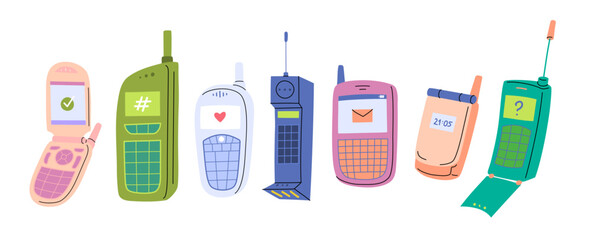 Cartoon Color Different Retro Mobile Phones Set Nostalgia Concept Flat Design Style with Elements Thin Line. Vector illustration