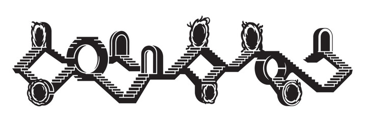 Surreal architectural maze with impossible stairs and magical portals. A conceptual graphic representing choice, journey, and the complexity of alternate dimensions or paths