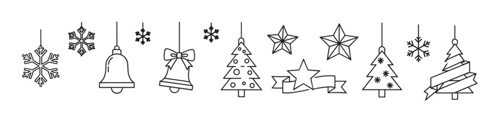 Fototapeta premium Christmas holiday icon set with winter decoration elements. Minimal line art collection of snowflake, bell, star, and tree symbols for festive new year greeting card design