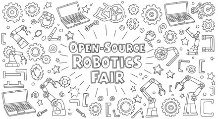 Open source robotics fair banner with hand drawn doodle elements. A collection of robot arms, gears, and laptops for a technology event or educational science project