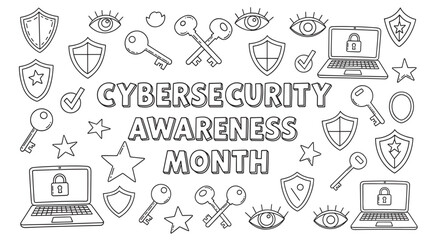 Cybersecurity awareness month concept with hand drawn doodle icons. Digital safety banner with laptop, shield and key symbols. Online data protection and internet privacy campaign