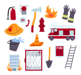 Cartoon Color Different Firefighters Elements Set Fire Department Concept Flat Design Style. Vector illustration of Extinguisher, Axe and Alarm