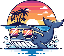 Cool cartoon whale jumping a wave at sunset with palm trees. A vibrant, retro-style graphic perfect for beach lovers, summer, and marine life themes.