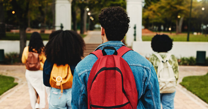 Man, students and back with walk at college, bag and group for education, scholarship or development. Person, friends and backpack for learning, study and outdoor at university campus for course