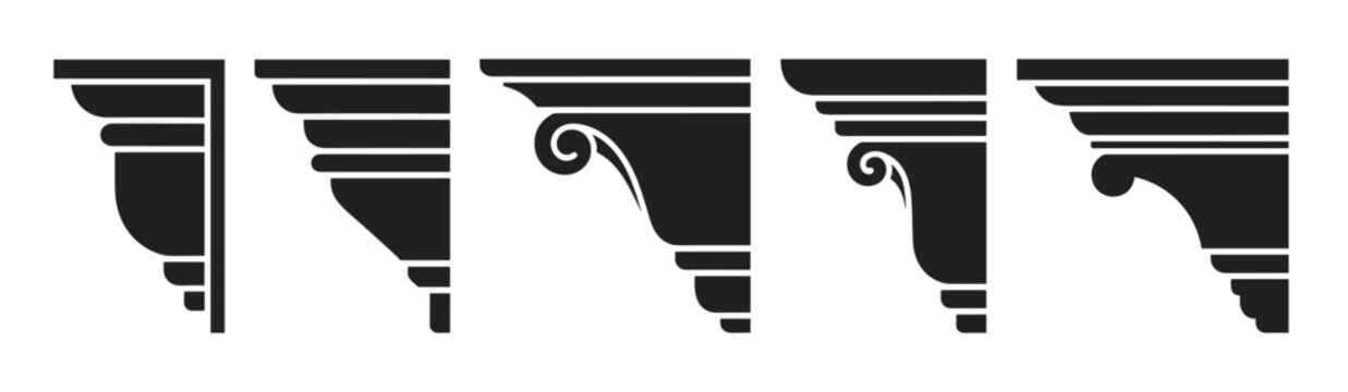 Collection of classic cornice profile shapes for architectural projects. Vintage decorative molding and plasterwork elements with elegant scroll details for interior design