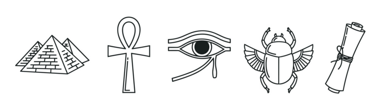 Ancient egypt icon set with traditional cultural symbols. Collection includes pyramid, ankh cross, eye of horus, scarab beetle and papyrus scroll. Minimalist line art elements
