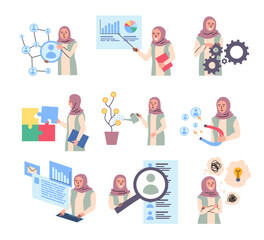 Cartoon Color Characters Muslim Business Woman Different Types Activities Concept Flat Design Style. Vector illustration of Search Staff for Project
