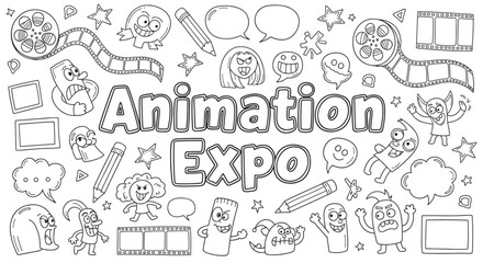 Animation expo lettering with funny cartoon characters and monsters. Doodle style coloring page for a creative festival or cinema event. Hand drawn black and white line art