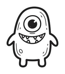 Obraz premium Funny cartoon cyclops monster with a big friendly smile. Hand drawn doodle character icon in a simple black and white line art style isolated on a white background