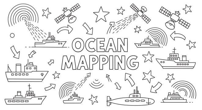 Ocean mapping line art collection with research vessels and satellites. Hydrographic survey and bathymetry icons showing sonar and communication for seafloor exploration