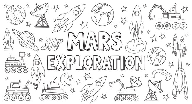 Mars exploration coloring page with various space elements. Doodle set includes rockets, planets, stars, and rovers. Kids educational activity banner with line art icons