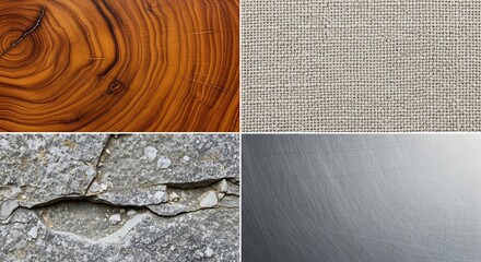 A composite image showcasing four distinct material textures: wood grain, woven fabric, cracked stone, and brushed metal.
