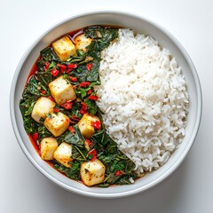 Delicious vegan curry with tofu and vegetables served with fluffy white rice in a white bowl ready to eat healthy nutritious meal
