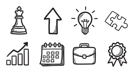 Hand drawn business icon set for strategy and success concepts. Doodle collection includes chess king, growth chart, lightbulb, puzzle piece, calendar, and award medal