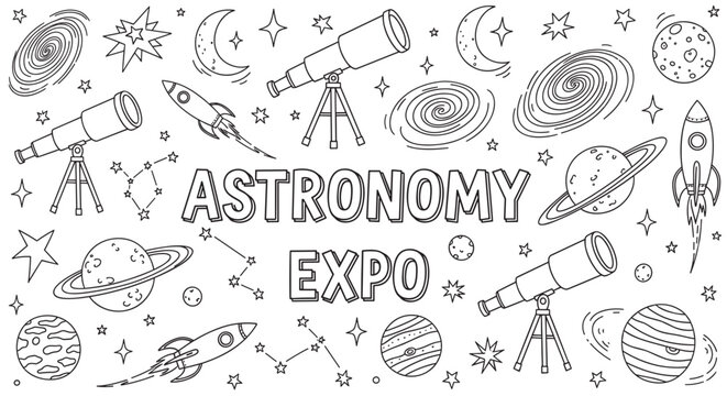 Outline drawing of space elements and celestial bodies. Doodle style collection features telescopes, planets, rockets, and stars. Ideal for science education or event promotion