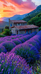 Sunset Over Idyllic Lavender Field with Rustic Farmhouse in Puimoisson, Provence, France - Scenic Beauty of Southern French Countryside, Floral Farm Landscape, Serene Evening Sky