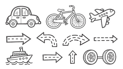 Fototapeta premium Hand drawn doodle set of transportation vehicles and arrows. Includes car, bicycle, airplane, ship, and various directional symbols. Ideal for educational content or travel themes