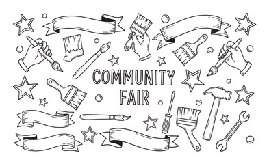 Hand drawn doodle art collection featuring various craft tools and paintbrushes. Perfect for community fair events, creative workshops, and diy project promotions