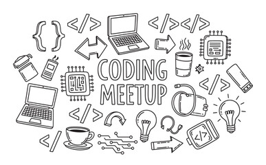 Doodle style collection of programming and technology icons. Featuring laptops, code symbols, microchips, and coffee cups. Ideal for software development, tech events, and digital concepts