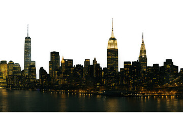 Obraz premium New york city skyline at night featuring iconic skyscrapers and a waterfront view with city lights on transparent background