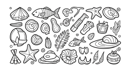 Obraz premium A set of hand drawn sea life and beach vacation elements in a simple doodle style. Collection of marine icons like fish, seashells, and starfish for coloring or design projects