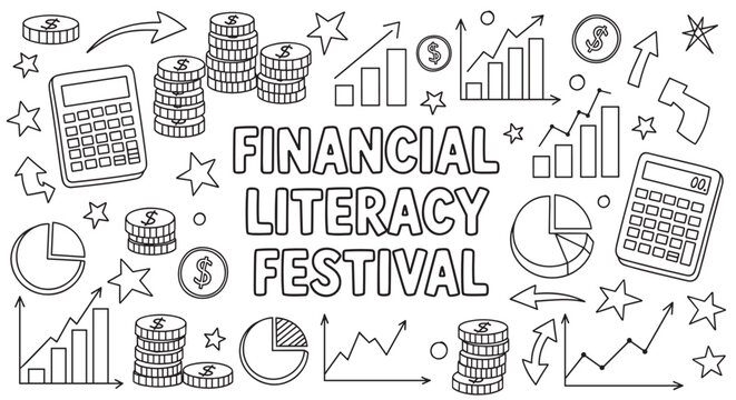Financial literacy festival text surrounded by doodle style money, calculators, and growth charts. Simple black and white elements for education and economy concepts
