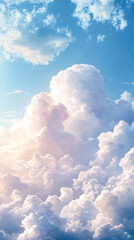 Majestic fluffy white cumulus clouds with soft sunlight breaking through, creating a serene and ethereal sky scape, perfect for backgrounds and atmospheric themes