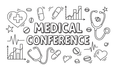 Medical conference text in a bold doodle style. Surrounded by hand drawn health, medical, and data icons. Ideal for healthcare event promotions, presentations, and educational materials