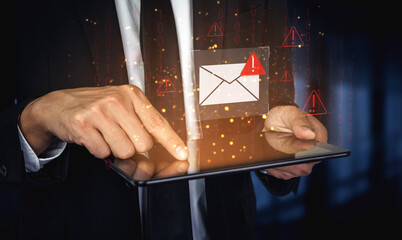 Phishing email alert concept showing digital envelope with warning sign represents data theft, network breach, and email security threats. Parse